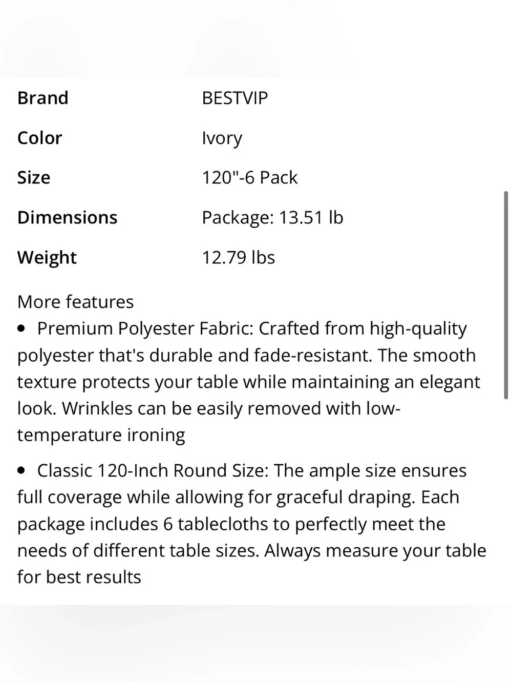 Classic Tablecloth 120” Round WASHABLE REUSABLE EASY-CARE (6-pack) Ivory